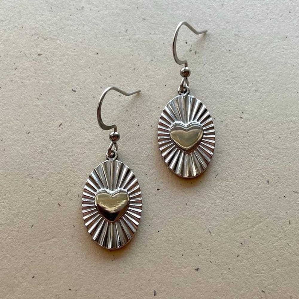 Silver Oval Heart Charm Earrings